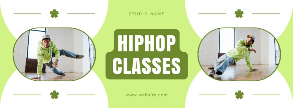 Ad of Hip Hop Classes with Dancing Man in Studio Facebook coverデザインテンプレート