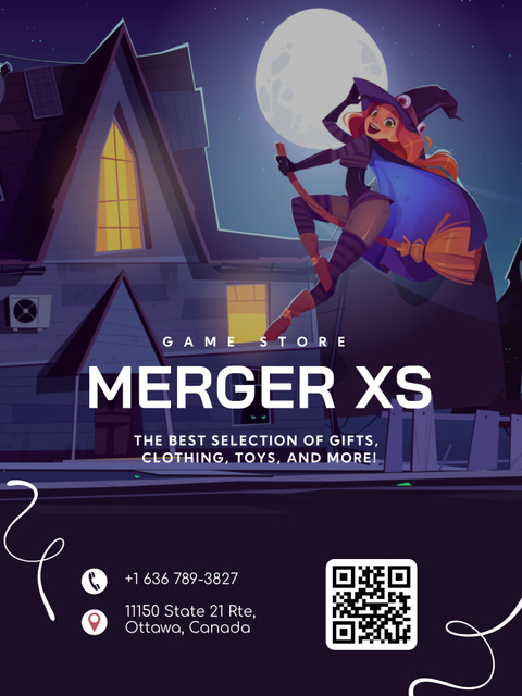 Designvorlage Gaming Shop Ad with Cartoon Witch für Poster 36x48in