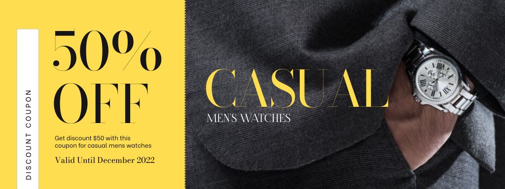 Designvorlage Men's Watch Sale Announcement with Offer of Discount für Coupon