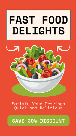 Designvorlage Werbung für Fast-Food-Köstlichkeiten im zwanglosen Restaurant mit Salat für Instagram Story