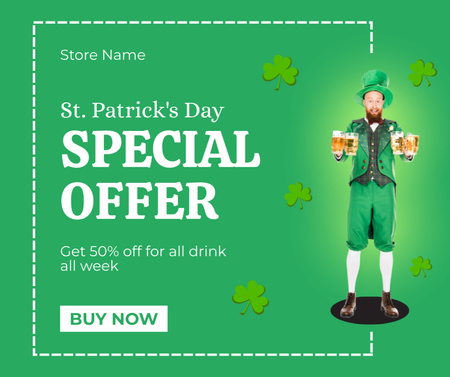 Modèle de visuel Offre spéciale Saint-Patrick avec un homme excité avec des verres de bière - Facebook