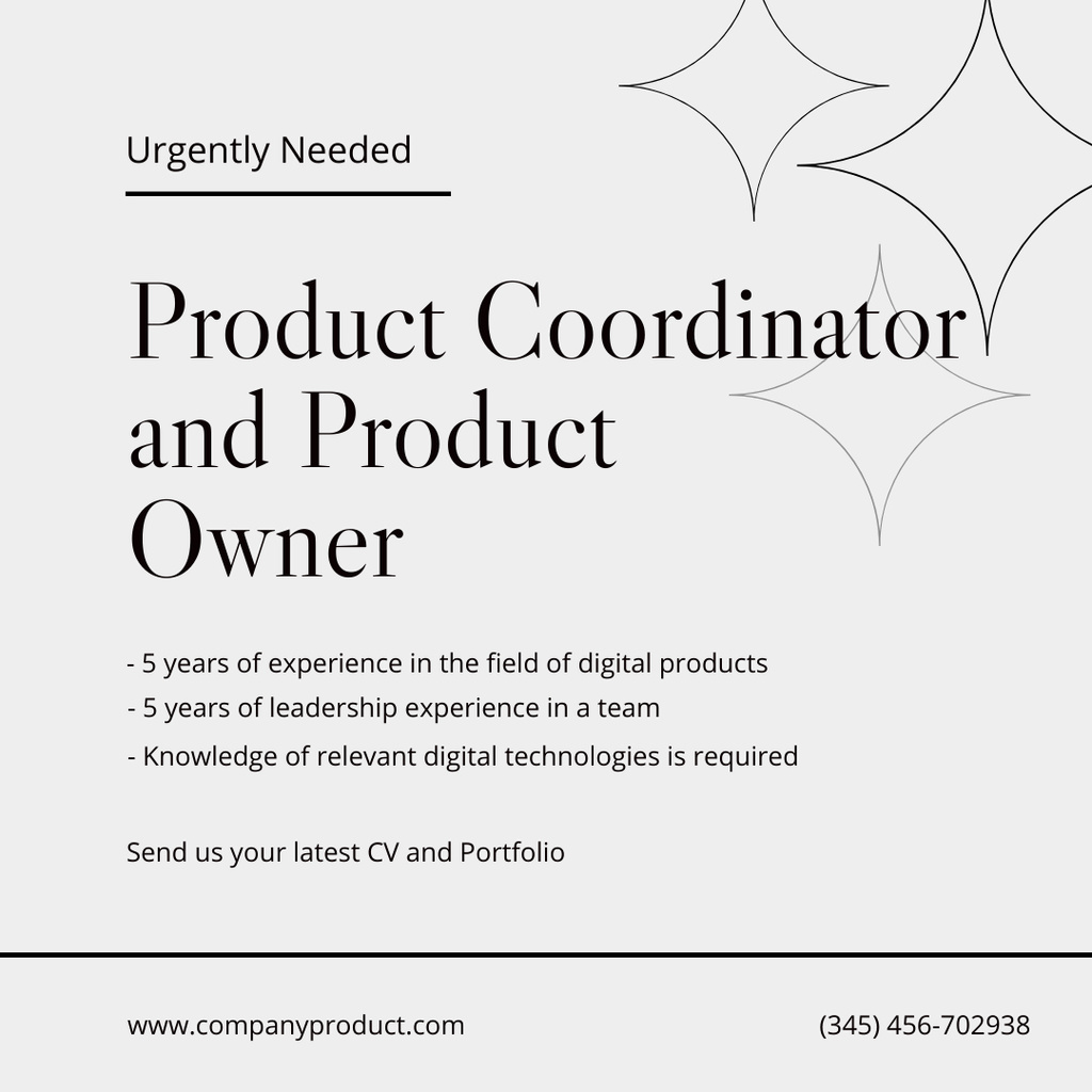 Szablon projektu We Are Hiring Product Coordinator and Product Owner Instagram