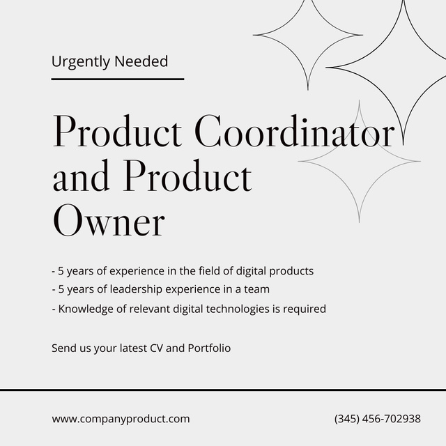 We Are Hiring Product Coordinator and Product Owner Instagram Šablona návrhu