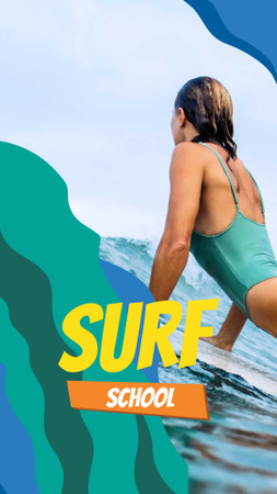 Surf School ad Woman on Surfboard Instagram Story Design Template
