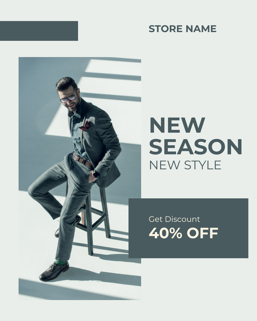 Designvorlage New Season Style Announcement with Handsome Guy für Instagram Post Vertical