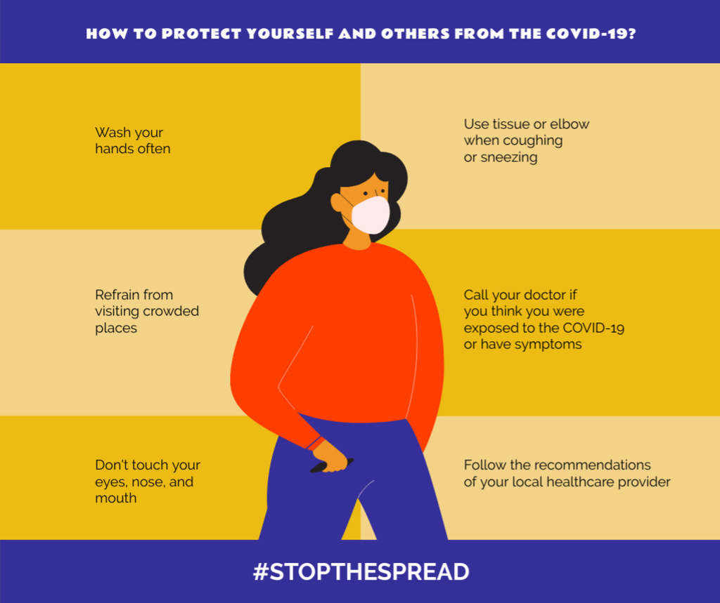 #StopTheSpread of Coronavirus with Woman wearing Mask Facebook Πρότυπο σχεδίασης