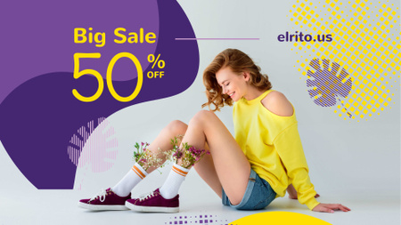 Fashion Ad with Happy Young Girl in Yellow FB event cover Design Template