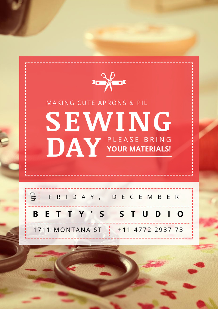 Sewing Day Event Announcement with Needlework Tools Poster Design Template