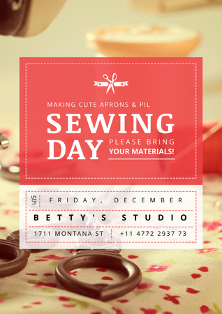 Anúncio do evento do dia da costura com ferramentas de bordado Poster Modelo de Design