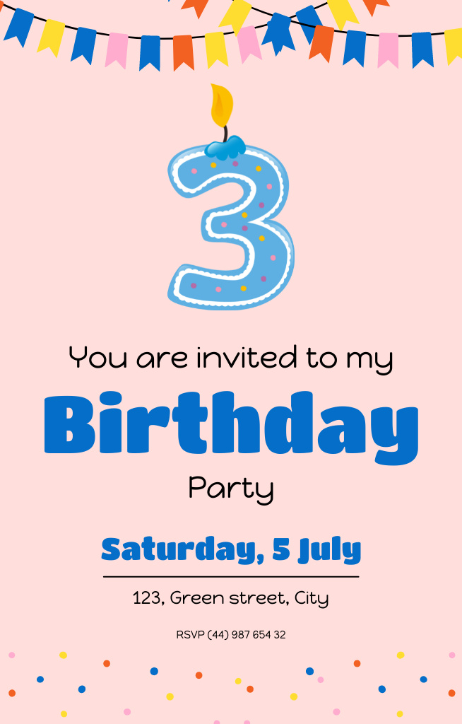 Kid's 3th Birthday Party Invitation 4.6x7.2in Modelo de Design