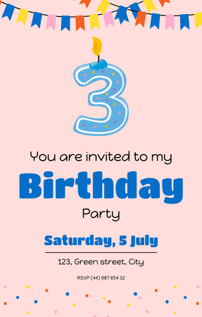 Kid's 3th Birthday Party Invitation 4.6x7.2in Design Template