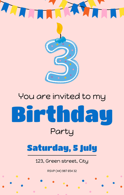 Kid's 3th Birthday Party Invitation 4.6x7.2in Tasarım Şablonu