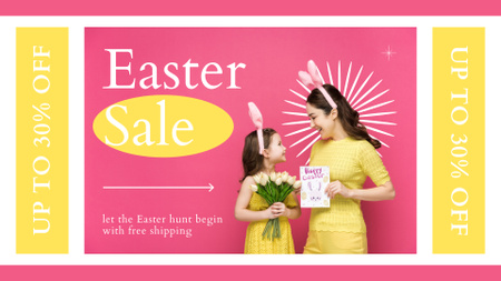 Объявление о пасхальной распродаже со счастливым ребенком и матерью FB event cover – шаблон для дизайна