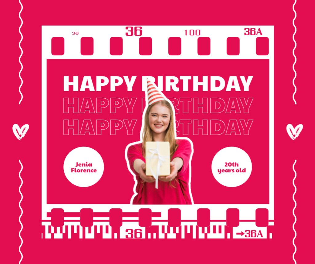 Bright Purple Birthday Greeting in Film Tape Frame Facebook Design Template