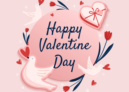 Happy Valentine's Day greeting with Cute Doves Card Design Template