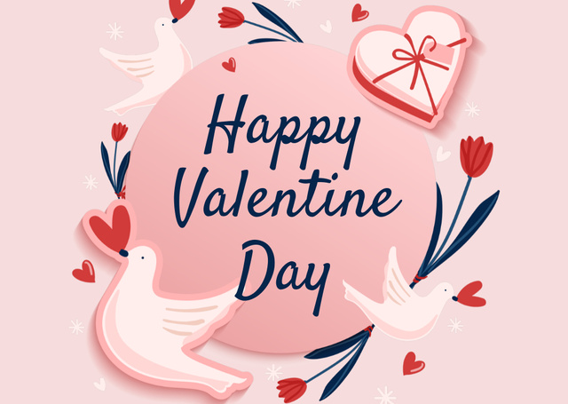 Happy Valentine's Day greeting with Cute Doves Card Tasarım Şablonu