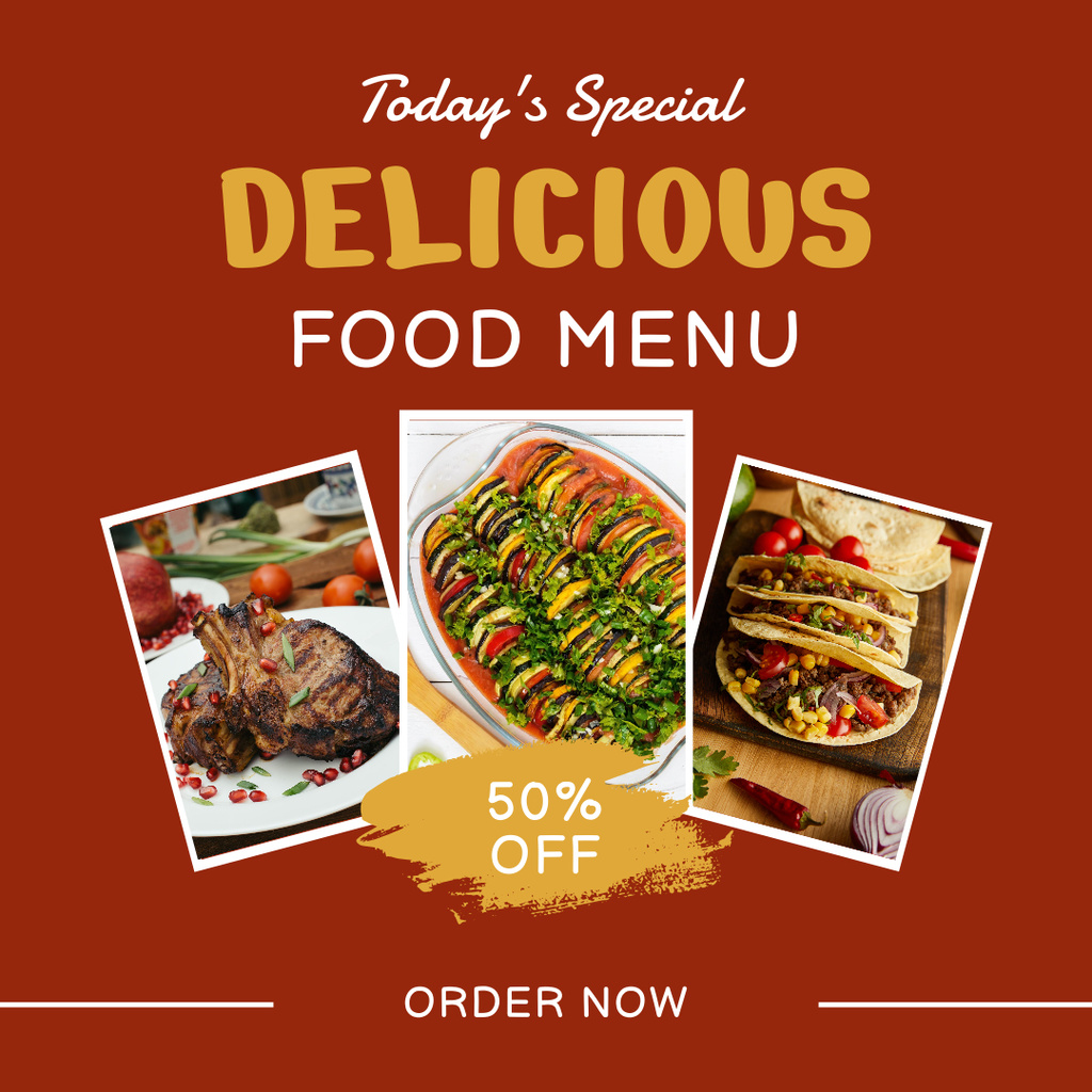 Template di design Special Food Menu Offer with Roasted Chicken and Taco Instagram