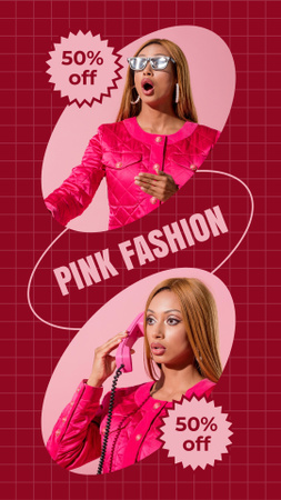 ピンクのファッション コレクションのプロモーションに興奮した人形のような女性 Instagram Storyデザインテンプレート