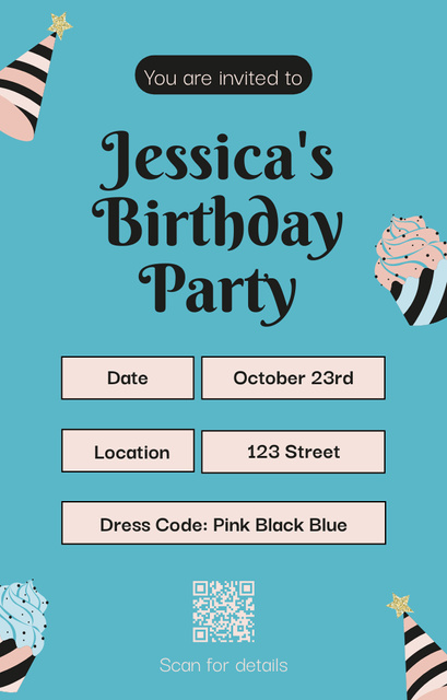 Birthday Party Announcement on Blue Invitation 4.6x7.2in Design Template