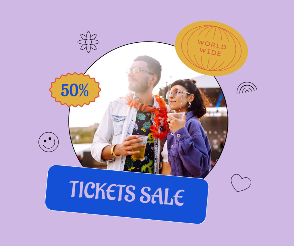 Summer Festival Tickets Sale with Stylish Young People Facebookデザインテンプレート