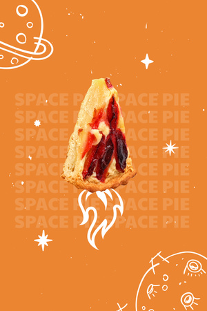 Ontwerpsjabloon van Pinterest van Funny Pie flying between Planets like Rocket