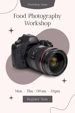 Anúncio do Workshop de Fotografia de Alimentos com Imagem de Câmera Pinterest Modelo de Design