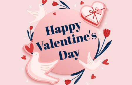 Boldog Valentin-napi üdvözlet galambokkal és piros virágokkal Thank You Card 5.5x8.5in tervezősablon