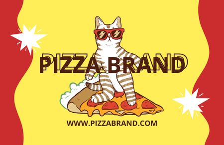 Pizzeria Emblem with Cartoon Cat in Sunglasses Business Card 85x55mm Tasarım Şablonu