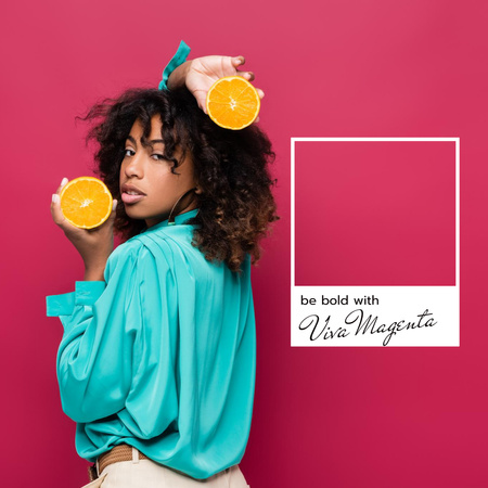 Fiatal nő pózol narancsokkal Instagram tervezősablon
