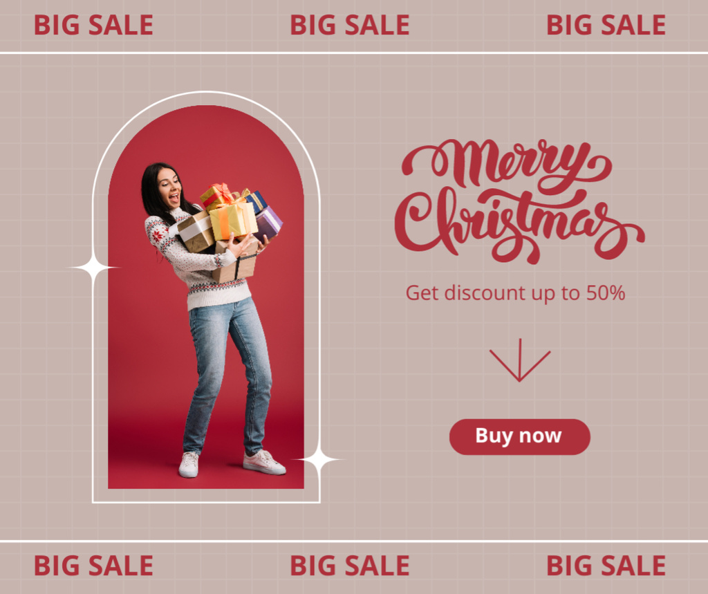 Christmas Sale Ad with Joyful Woman Holding Wrapped Presents Facebook Design Template
