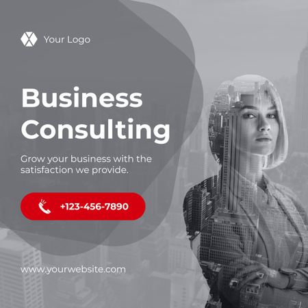 Business Consulting Ad with Businesswoman and Silhouette of City LinkedIn post tervezősablon