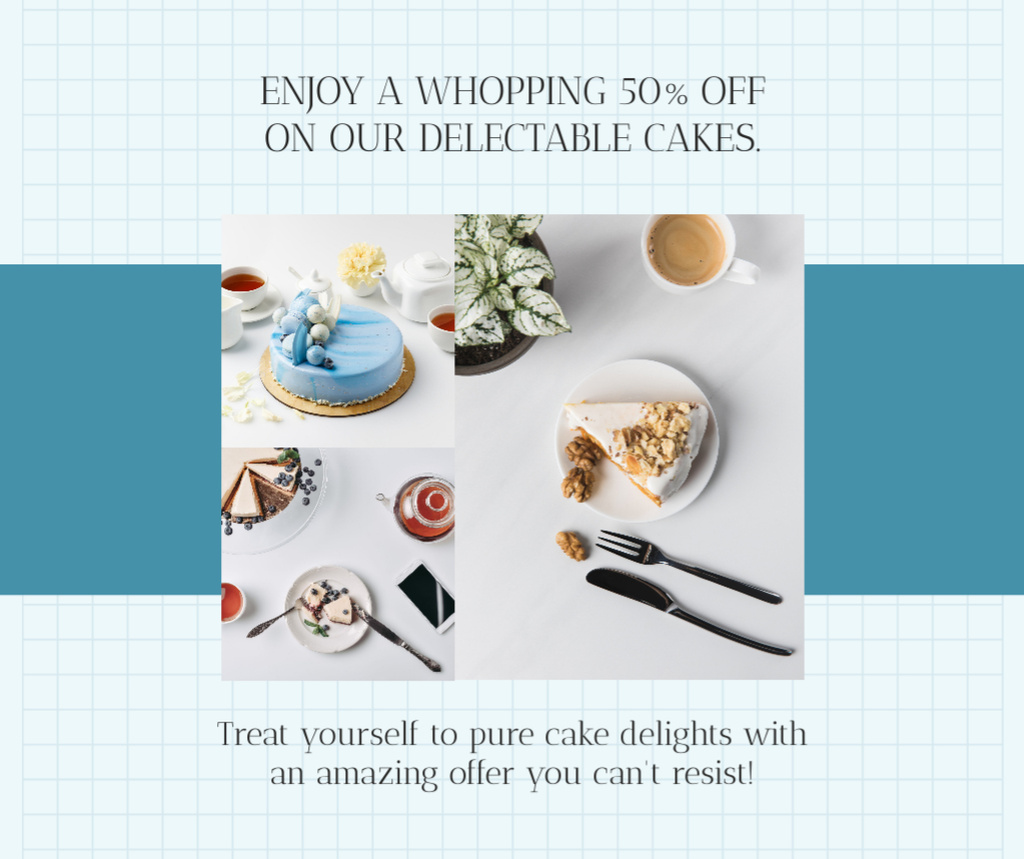 Plantilla de diseño de Delectable Cakes Sale Ad on Blue Facebook 