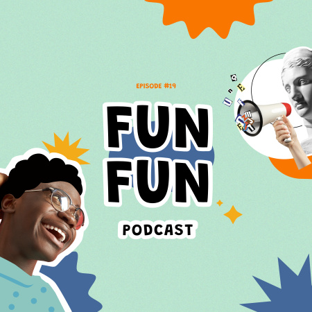 Hauska komediapodcast-ilmoitus ja hauska patsas Podcast Cover Design Template