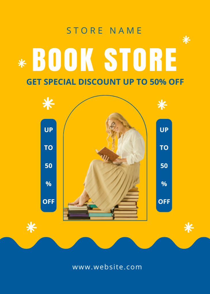 Bookstore Ad with Woman sitting on Stack of Books Flayer Modelo de Design