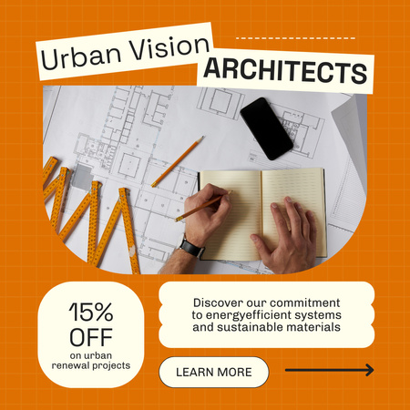 Designvorlage Architekturdienstleistungen mit Notizbuch und Bauplänen für Instagram AD