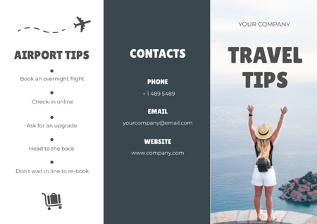 Travel Tips with Woman on Sea Coast Brochure Design Template
