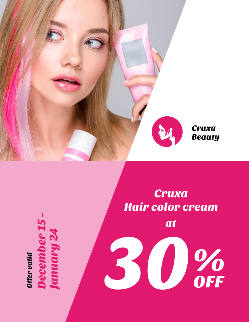 Lovely Hair Color Cream Sale Offer In Pink Flyer 8.5x11in Πρότυπο σχεδίασης