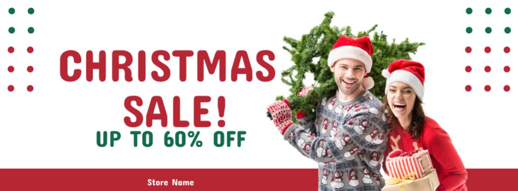 Template di design Young Couple in Santa Hats with Christmas Tree Facebook cover