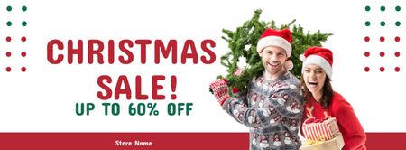Young Couple in Santa Hats with Christmas Tree Facebook cover Design Template