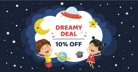 Cute Kids in Cosmos with Spaceship and Planets Facebook AD Design Template