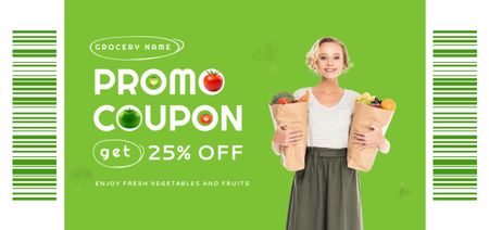 Woman Holding Paper Bags of Food on Green Coupon Din Large Design Template