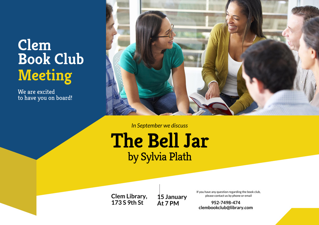 Book Club Meeting Invitation on Blue and Yellow Poster B2 Horizontal Design Template
