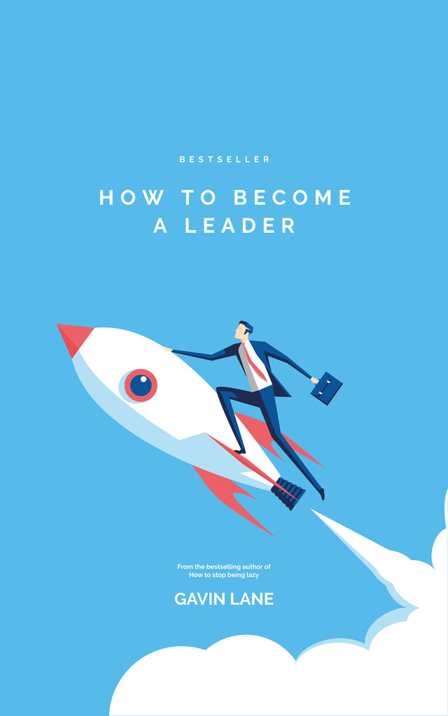 Ontwerpsjabloon van Book Cover van Leadership Guide with Businessman Flying Rocket