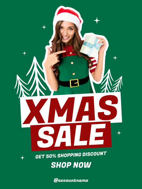 Christmas Sale Offer with Woman in Elf Costume Poster US Design Template