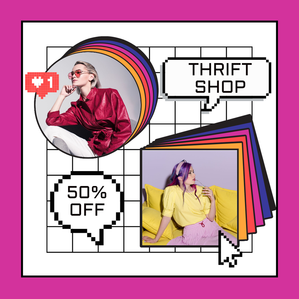 Retro style pixel women's thrift shop purple Instagram Tasarım Şablonu