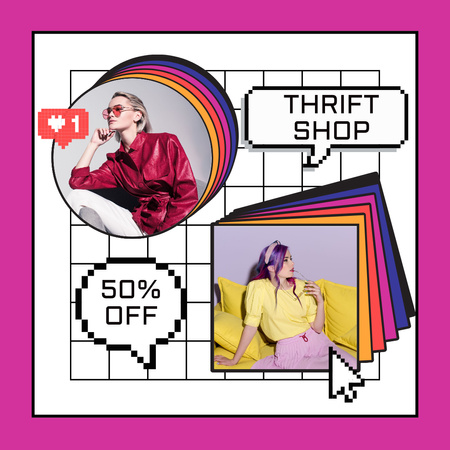 Ontwerpsjabloon van Instagram van Retro style pixel dames kringloopwinkel paars