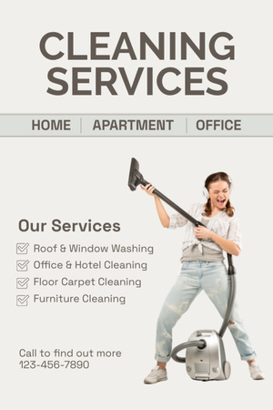 Ontwerpsjabloon van Flyer 4x6in van Cleaning Services Ad with Woman with Vacuum Cleaner