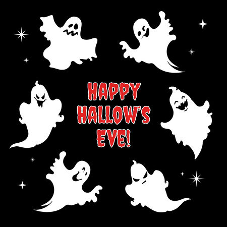 Various Ghosts And Halloween Greeting With Shining Stars Animated Post Design Template