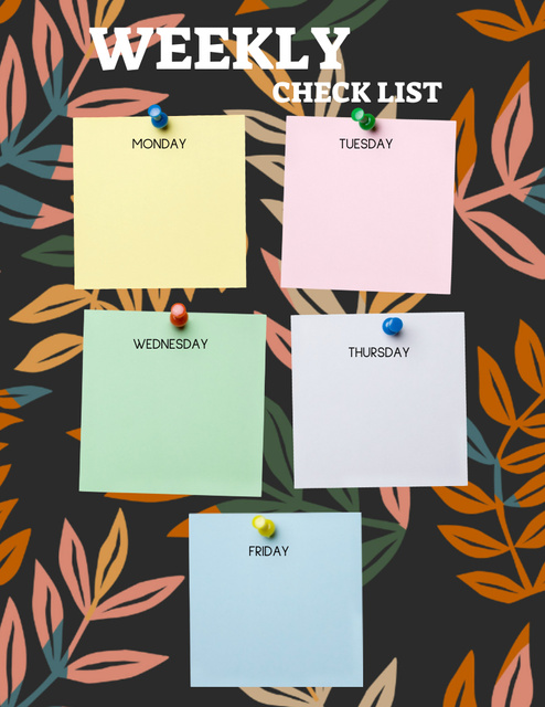 Szablon projektu Weekly Checklist with Push Pins on Floral Pattern Notepad 8.5x11in