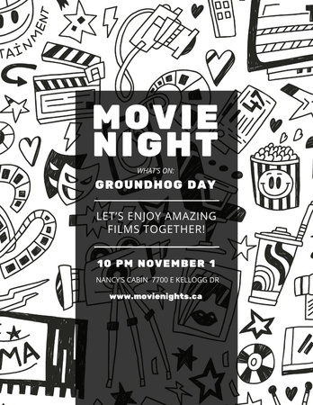 Movie Night Event Arts Icons Pattern Flyer 8.5x11in Design Template